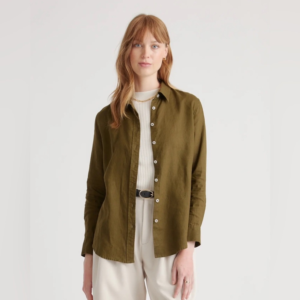 quince green European 100% linen long sleeve shirt womens